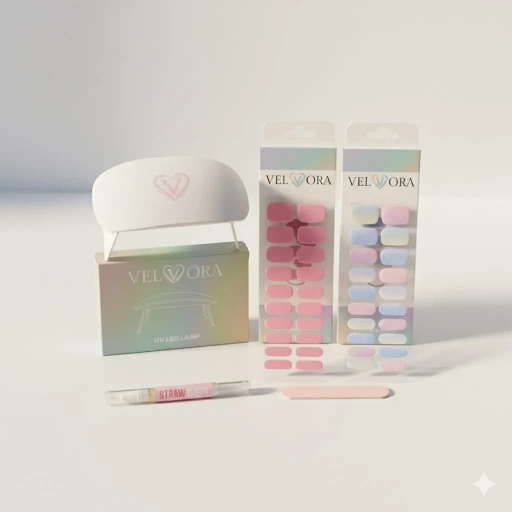 Velvora starter kit: mini UV lamp, two gel nail strip sets and a cuticle oil pen